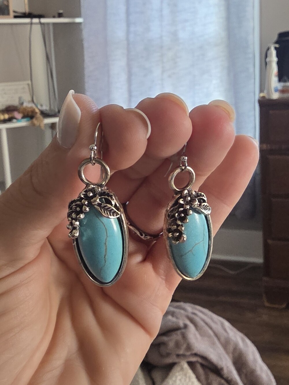 Boho Turquoise Howlite Drop Earrings with Floral Accents